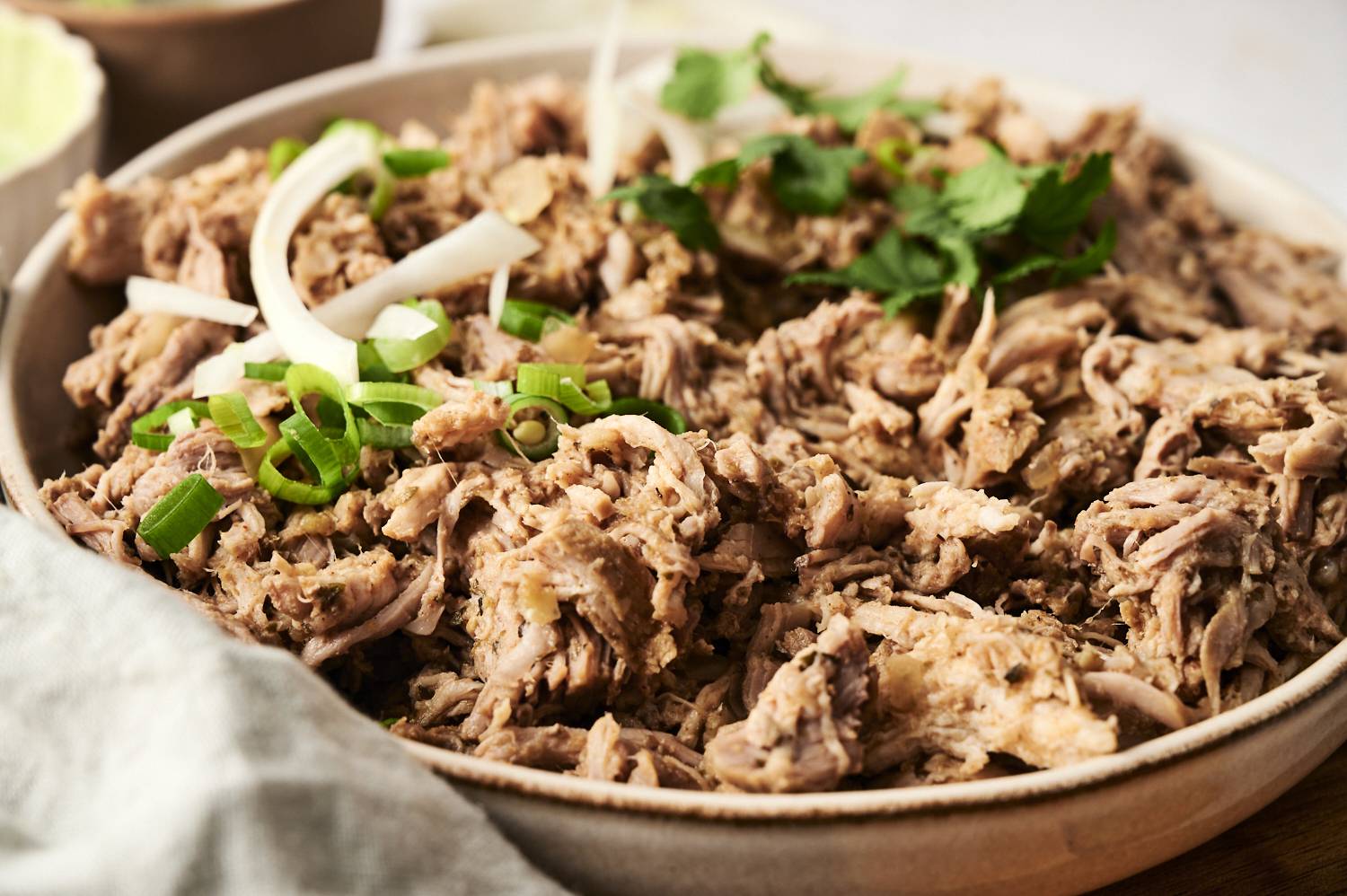 Close-up of tender shredded pork carnitas garnished with sliced green onions, white onions, and cilantro, served in a rustic dish.