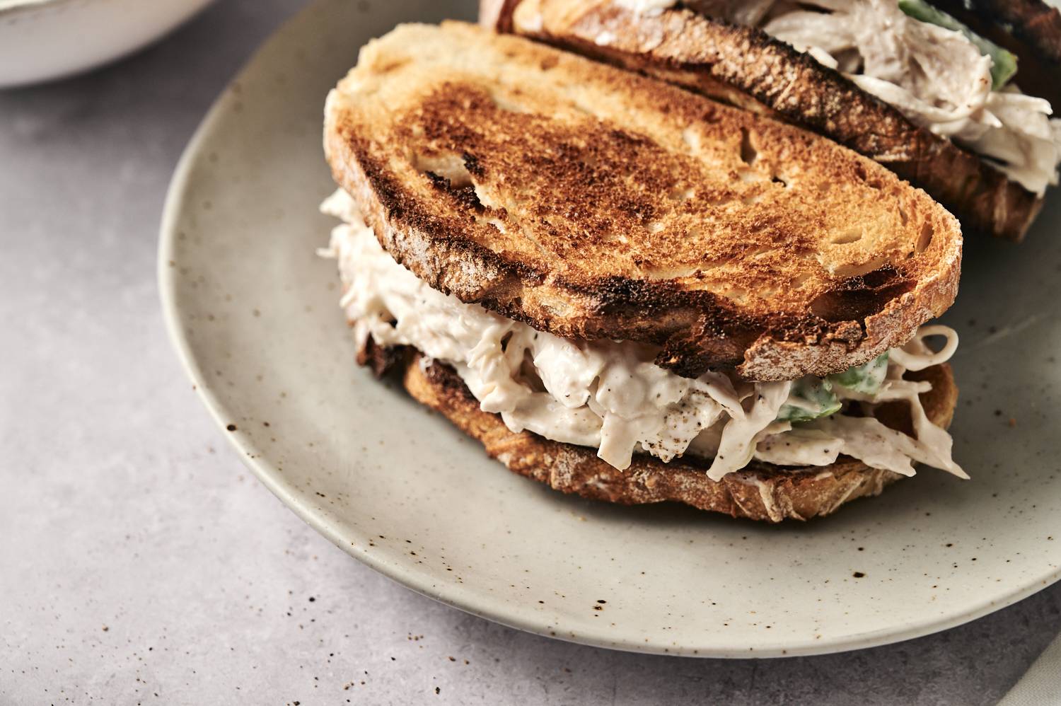 A toasted sandwich filled with creamy chicken salad, served on a rustic plate.