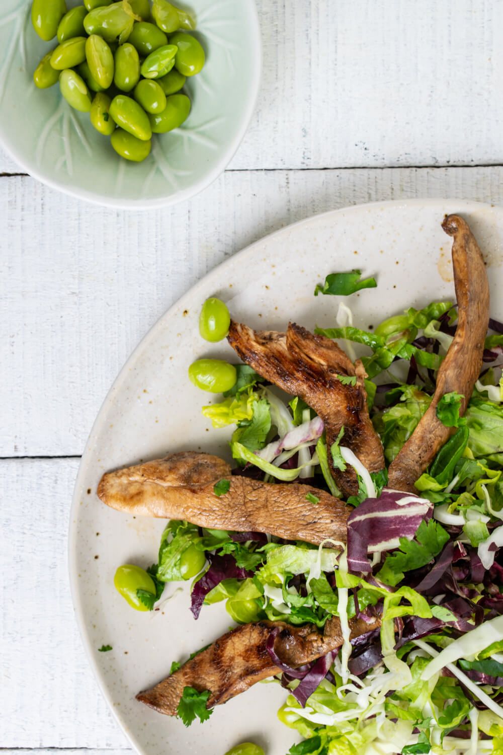Chinese Chicken Salad with cabbage, Romaine, edamame, and chicken on a white plate.