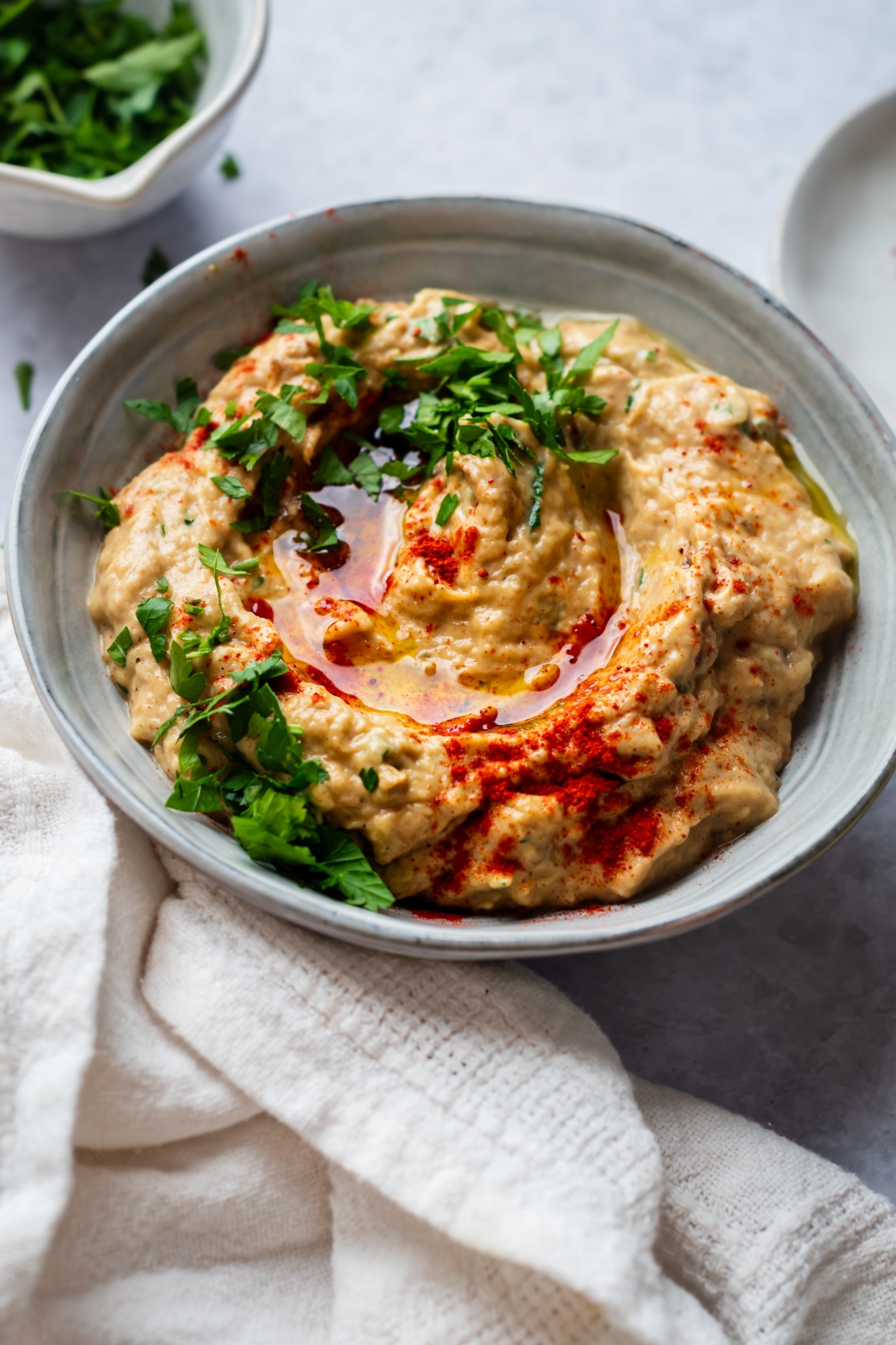 Creamy baba ganoush in a bowl with parsley, paprika, and olive oil.