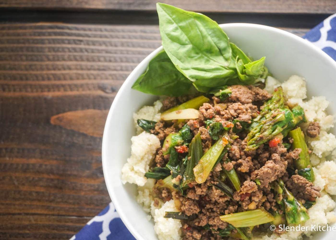Thai Basil Ground Beef on a wooden board for dinner Wednesday on the Meal Plan.
