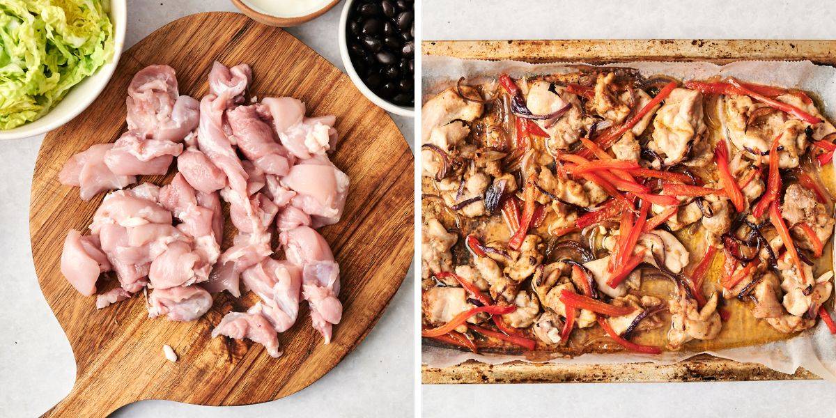 Diced raw chicken on a board and roasted chicken with peppers on a sheet pan.