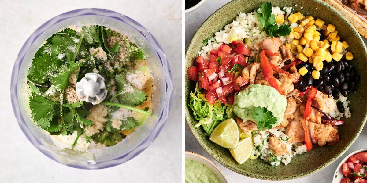 Cilantro sauce ingredients in a blender and a chicken cauliflower rice bowl with toppings.