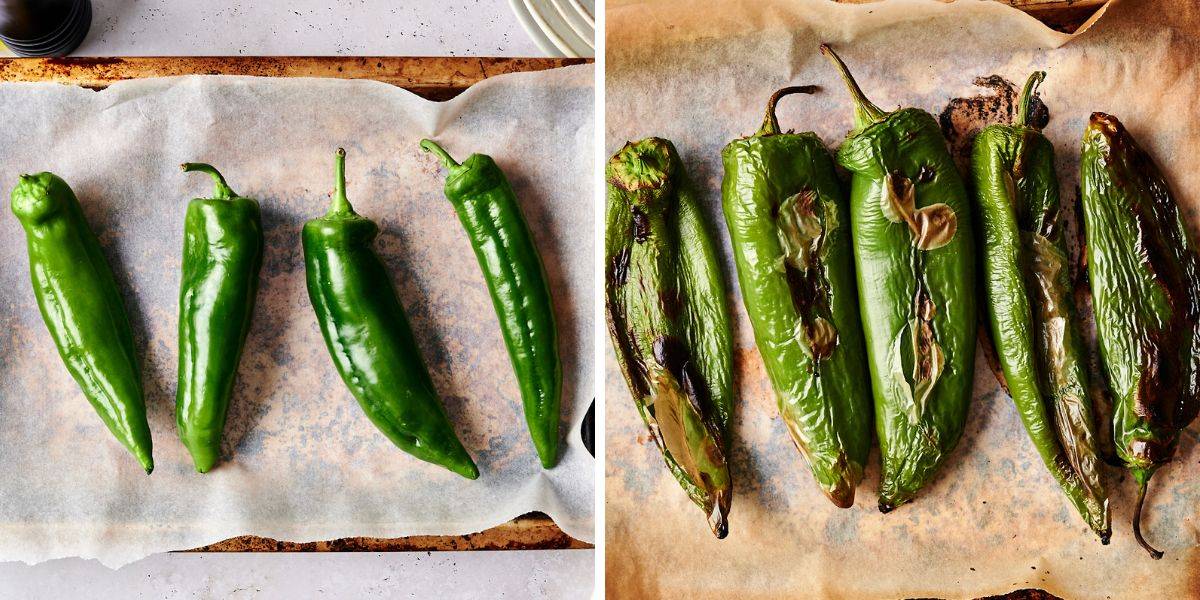 On the left, fresh green chiles are laid out on a parchment-lined baking tray, ready to be roasted. On the right, the chiles are roasted and show signs of charring, their skins blistered and ready to be peeled.