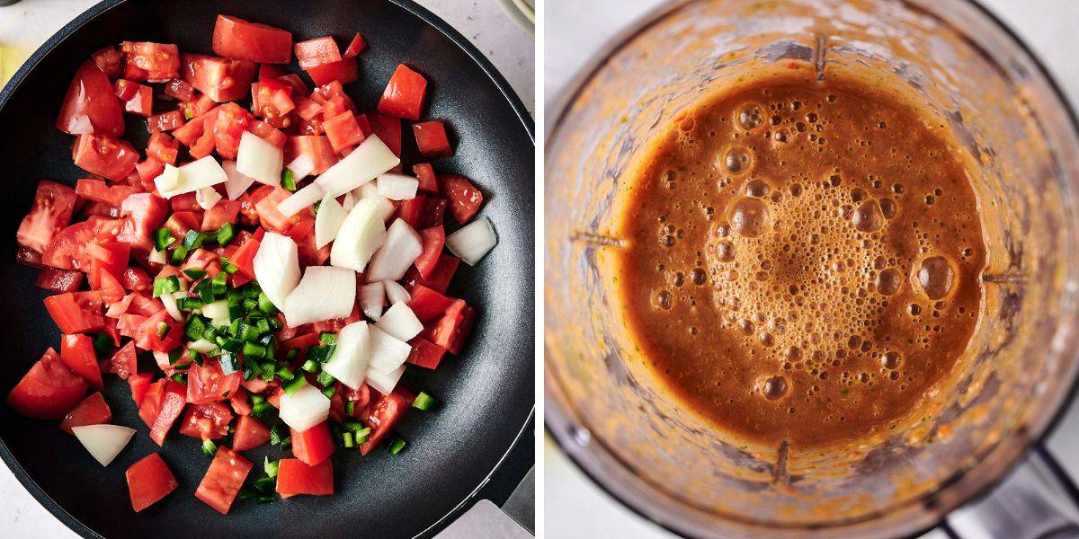 On the left, diced tomatoes, onions, and green chilies are seen sautéing together in a frying pan, forming the base for a sauce. On the right, the mixture is blended into a smooth, frothy sauce in a blender, ready for use in the dish.