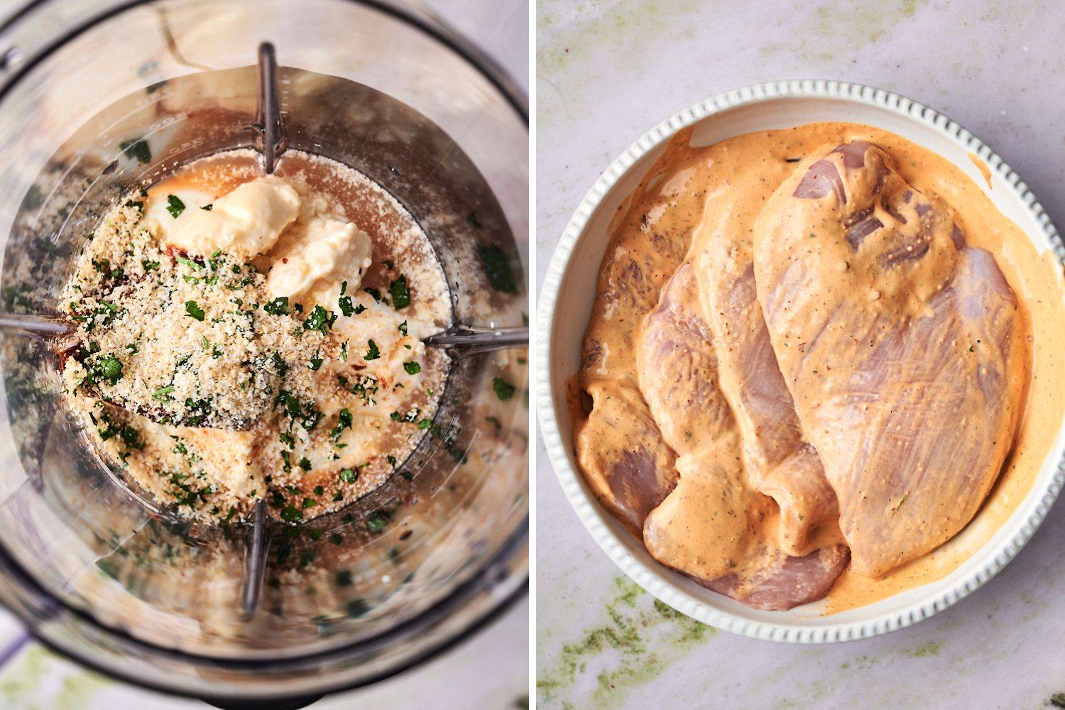 Homemade chipotle ranch dressing in a blender and chicken marinating in ranch dressing.