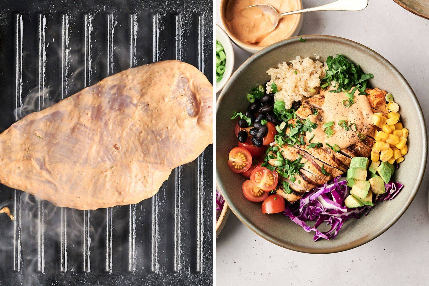 Spicy ranch chicken cooking on a grill pan and chipotle ranch chicken bowls.