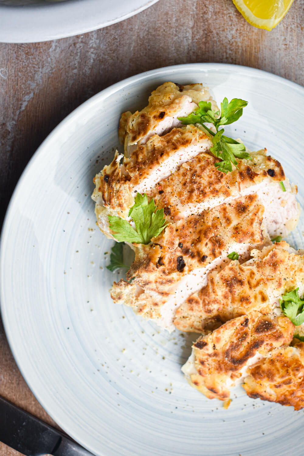 Chicken breast soaked in buttermilk and coated in flour and then oven fried until crispy.