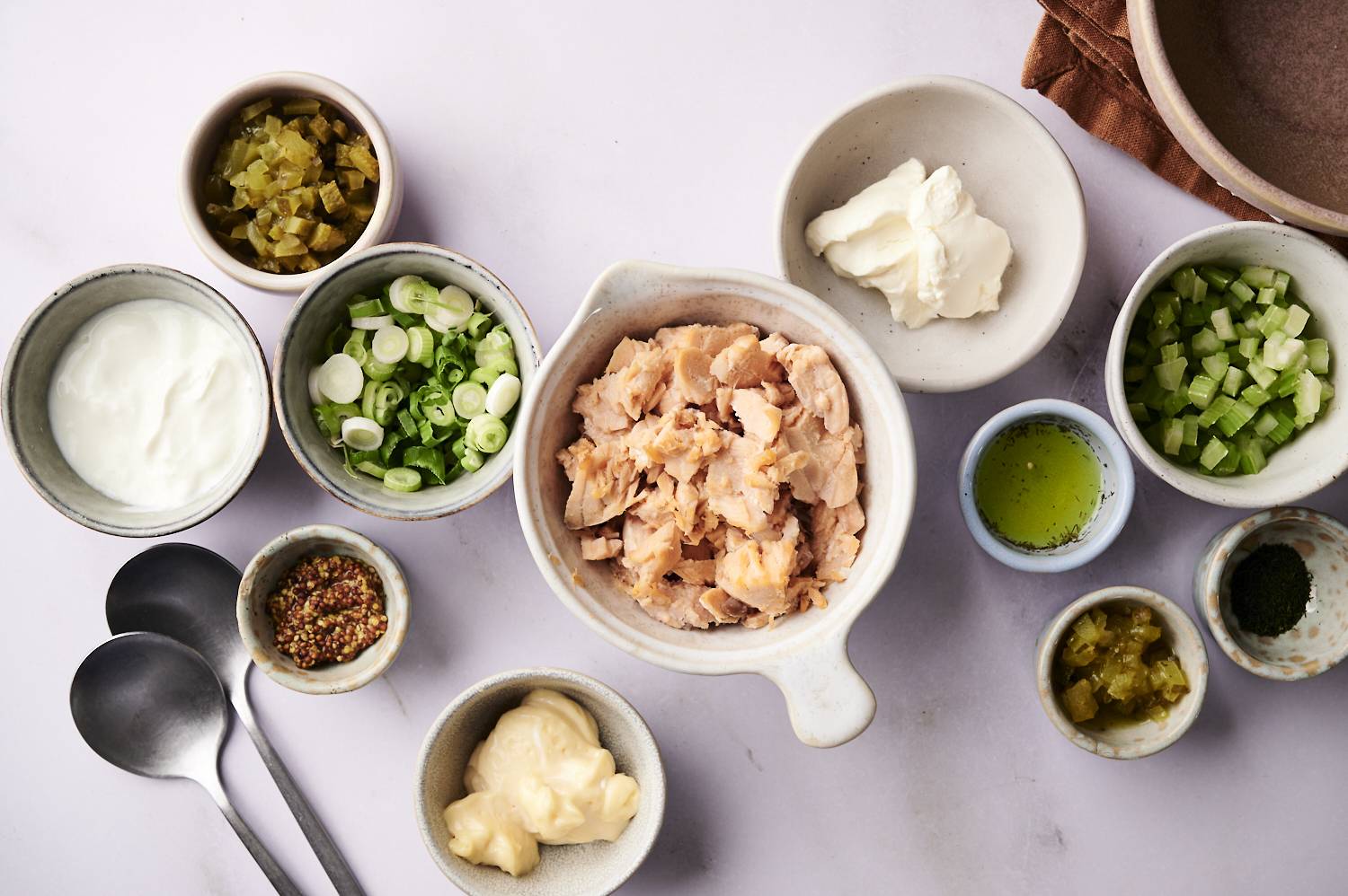 A top-down shot of the ingredients for a dill pickle salmon salad, including a bowl of flaked salmon and small bowls of mayonnaise, chopped celery, pickles, and green onions.