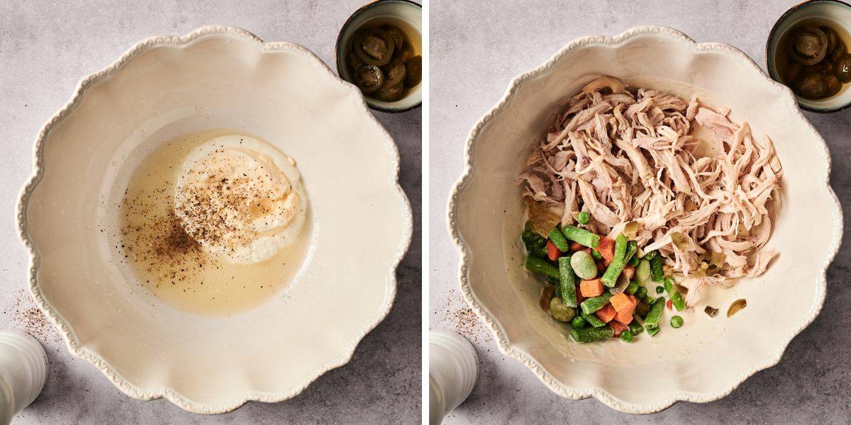 Side-by-side images of chicken salad preparation. The left image shows a mixing bowl with mayonnaise, lime juice, and black pepper. The right image shows shredded chicken and frozen mixed vegetables added to the bowl.
