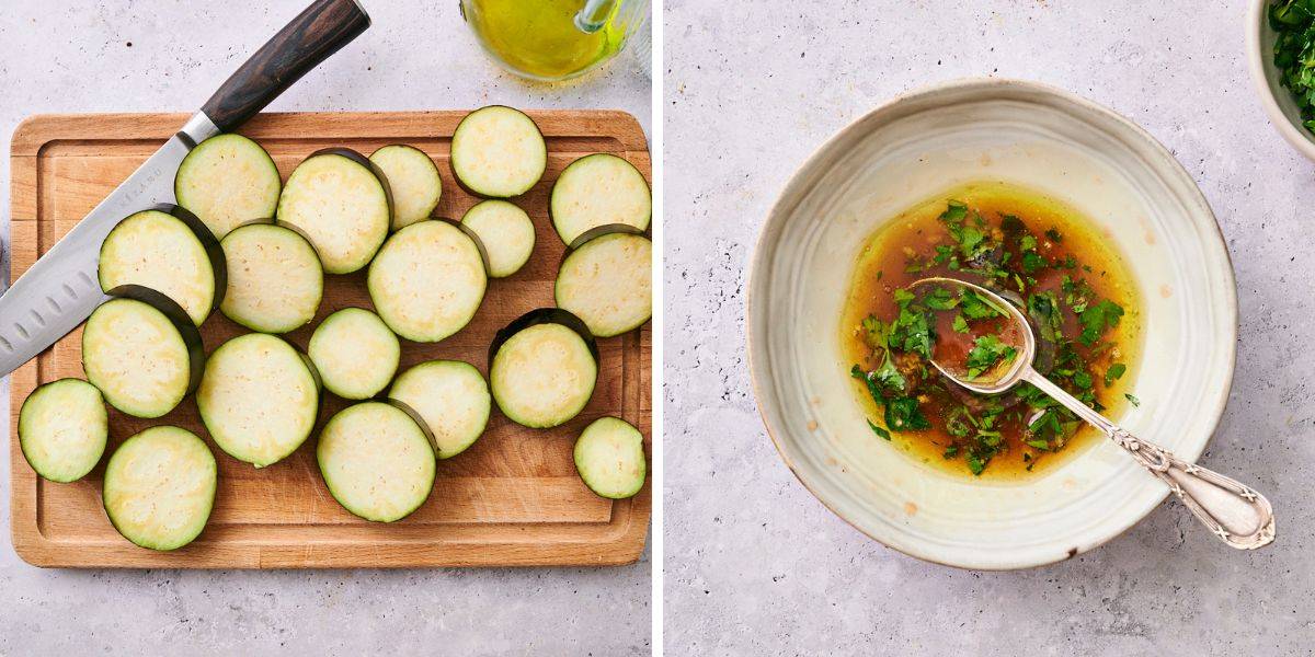 Sliced zucchini on a wooden cutting board with a knife, alongside a bowl of seasoned oil and chopped herbs ready for dressing.