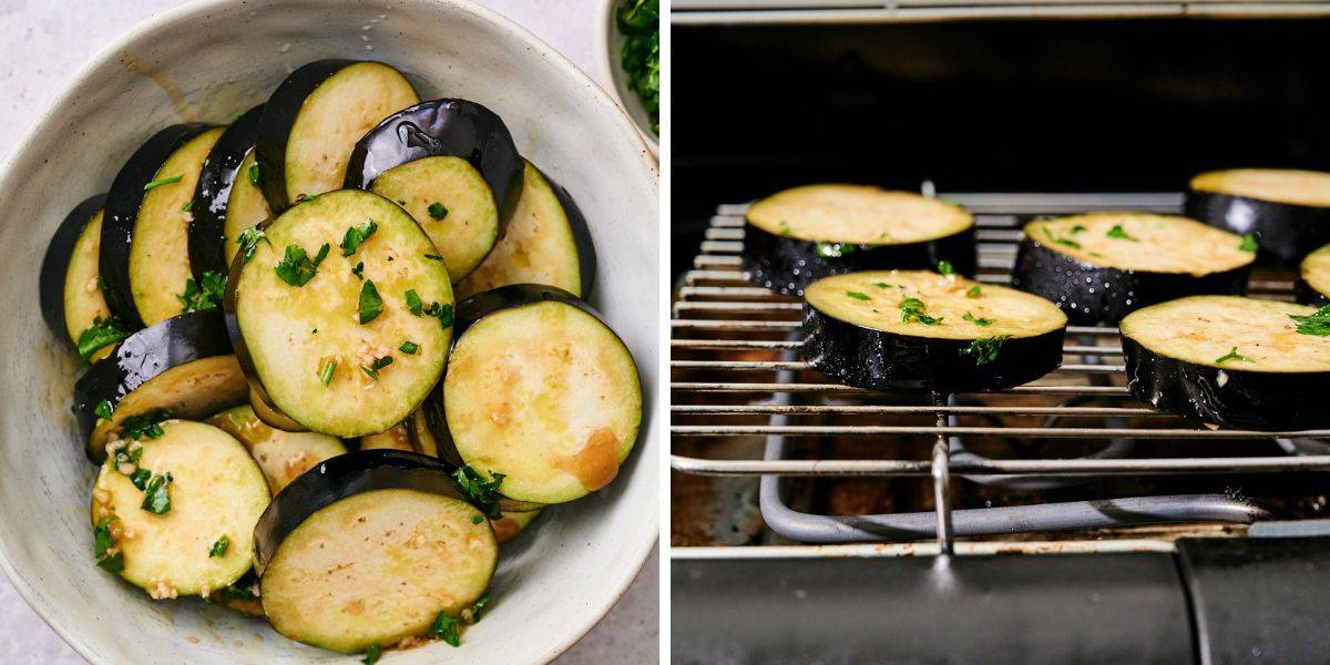 A bowl of sliced eggplant garnished with herbs on the left, and slices grilled on a rack on the right, showcasing cooking preparation.
