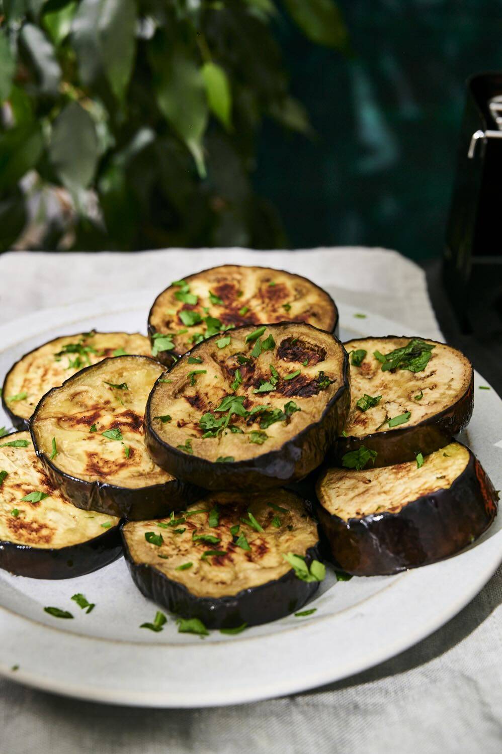 Grilled eggplant slices garnished with fresh herbs on a white plate, set against a dark green backdrop.