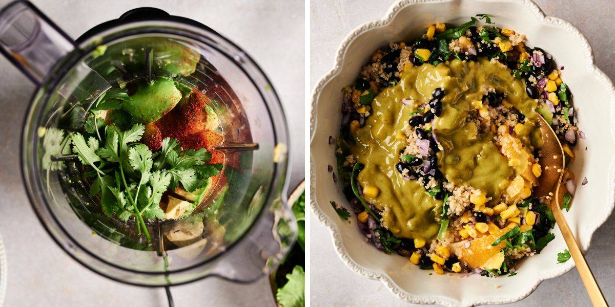 Blender with avocado, cilantro, and spices next to a Mexican quinoa salad with black beans, corn, and creamy dressing.