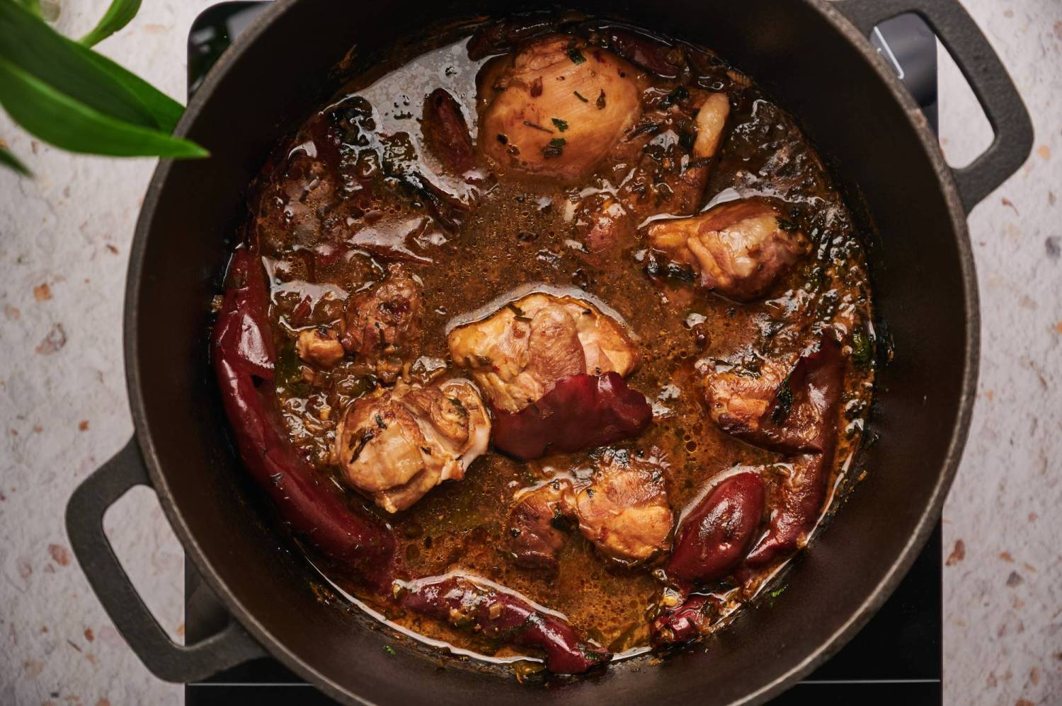 Red pozole in a pot with chicken thighs, dried red chile peppers, onions, and broth.