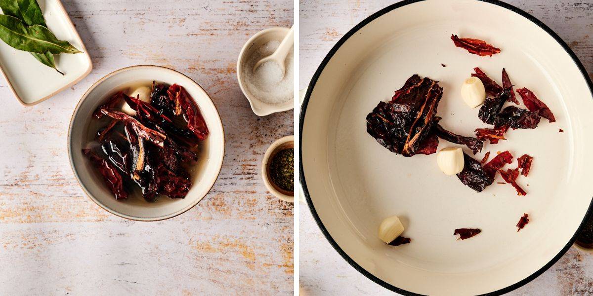A bowl of dried chili peppers is soaked in hot water to rehydrate them, while a separate pan lightly toasts dried chilies and whole garlic cloves to enhance their deep, smoky flavor.