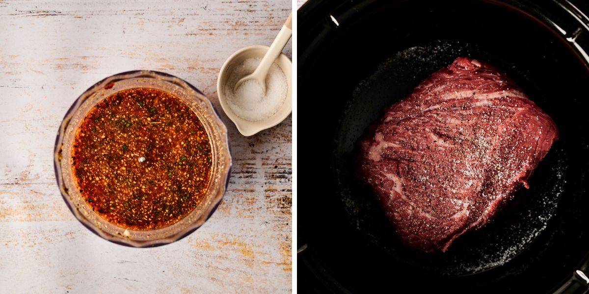 A rich, flavorful adobo sauce is blended to perfection, ready to be poured over a well-seasoned cut of beef placed in a slow cooker for tender, fall-apart deliciousness.