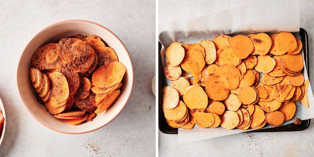 Sliced sweet potatoes coated in seasoning, shown in a bowl and spread on a baking sheet.
