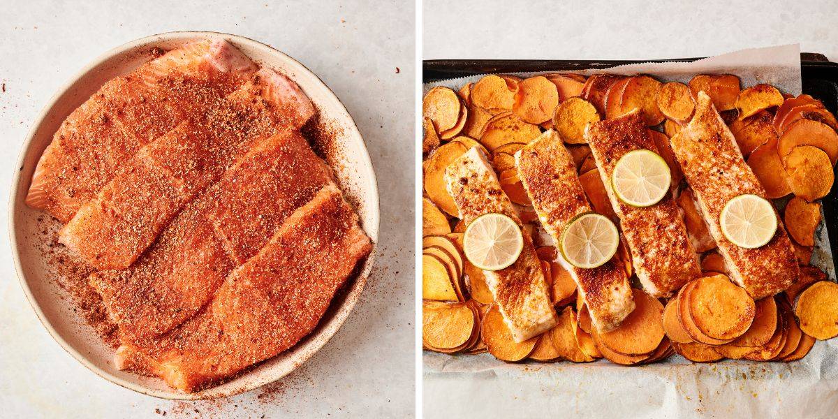 Seasoned salmon fillets before and after baking, paired with roasted sweet potatoes and lime slices.