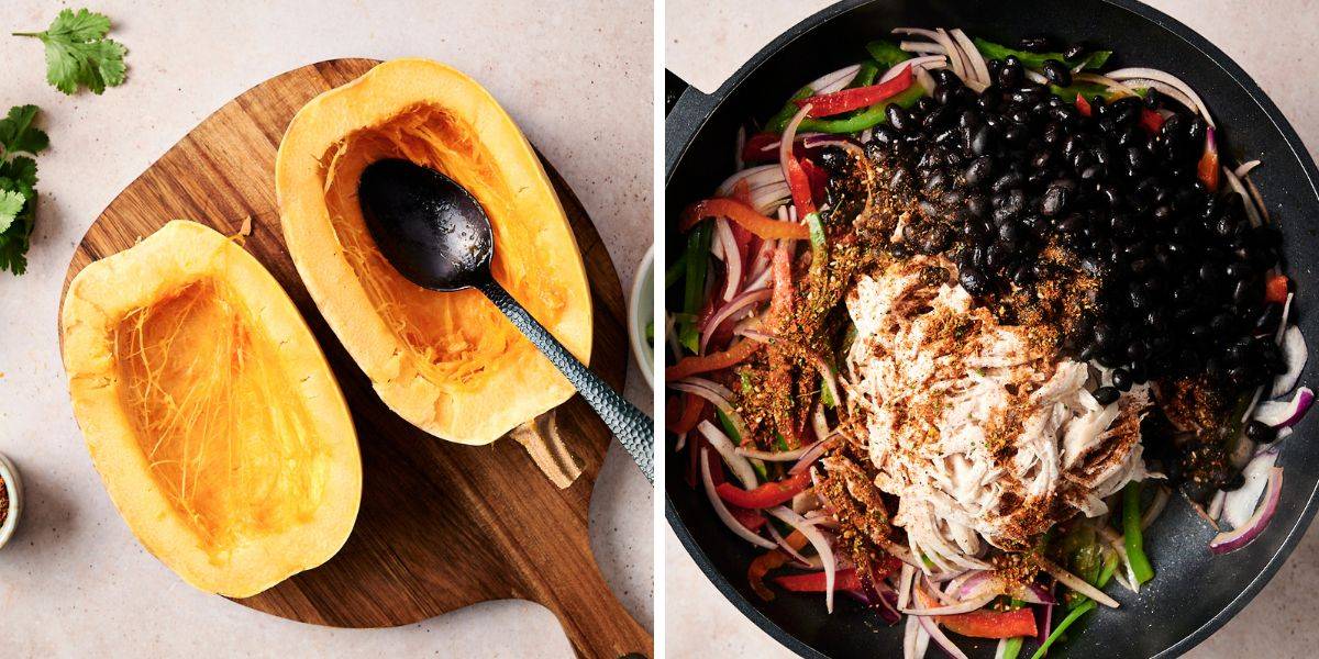 Halved spaghetti squash with seeds removed, and a pan with shredded chicken, black beans, onions, peppers, and spices.