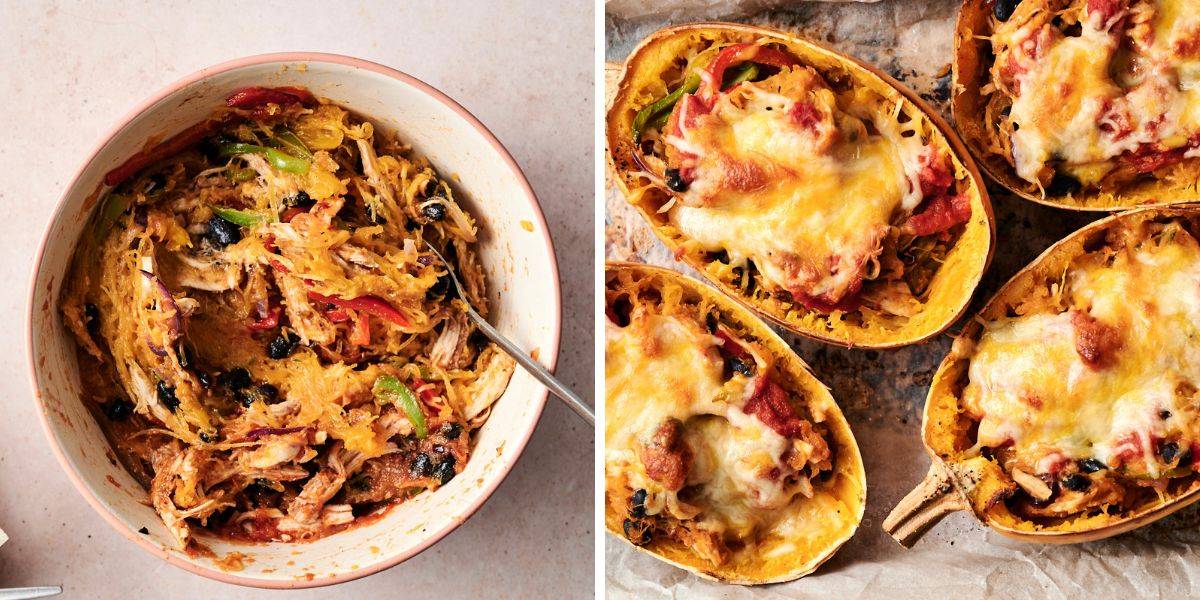 A bowl of spaghetti squash mixed with chicken, beans, and peppers, and baked spaghetti squash boats topped with melted cheese.