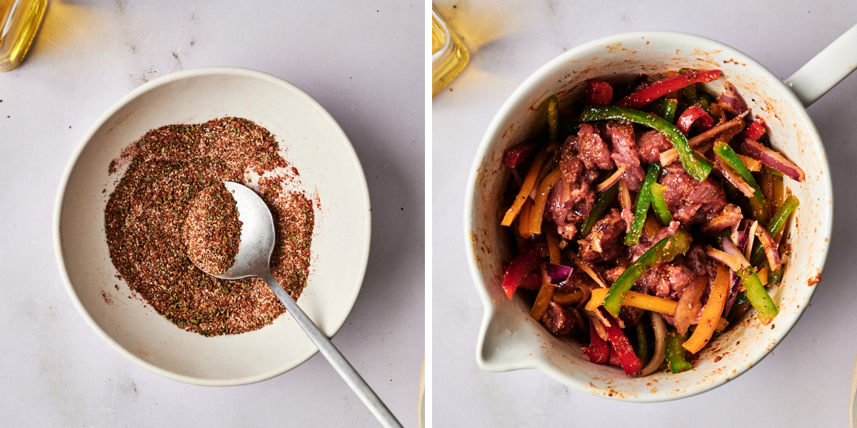 A bowl of spice blend alongside a mixing bowl filled with marinated meat and colorful sliced vegetables.
