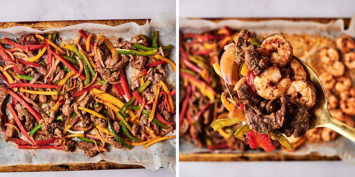 A metal spoon lifts a mix of shrimp and beef with colorful bell peppers, displayed on parchment paper. 
