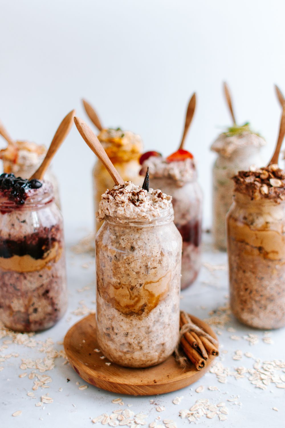 Overnight oatmeal with coffee, cinnamon, and almond butter in a mason jar.