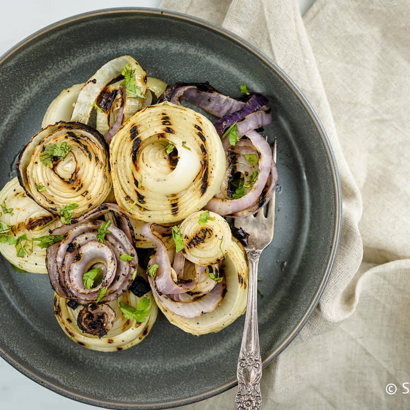 Grilled onions with both red and white onions with marks.