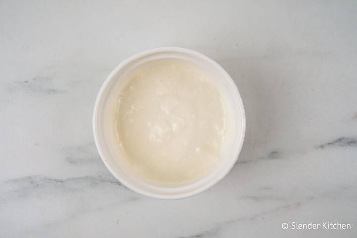 Cream cheese glaze with powdered sugar, cream cheese, and vanilla extract.