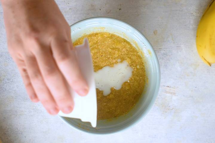 Oatmeal mixed with bananas, maple syrup, and a touch of milk.