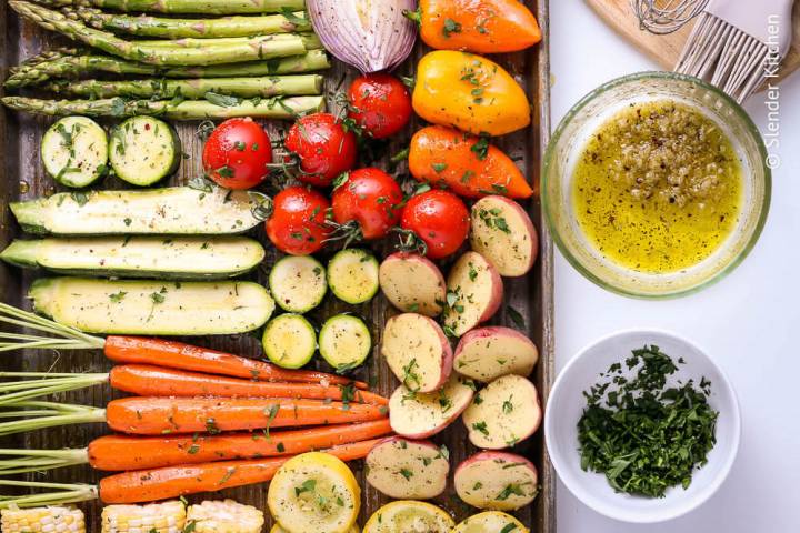 Vegetables with marinade ready to go on the grill.