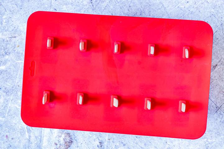 Homemade fruit popsicles in a popsicle mold with wooden sticks.