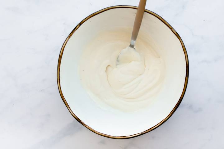 Dressing for egg salad with Greek yogurt, mayo, and mustard.