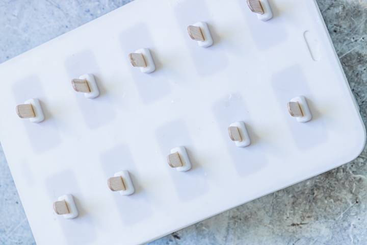 Frozen popsicle molds with watermelon filling.