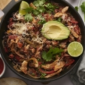 Mexican chicken and rice with chicken breast, peppers tomatoes, black bean, rice topped with avocado and cilantro.