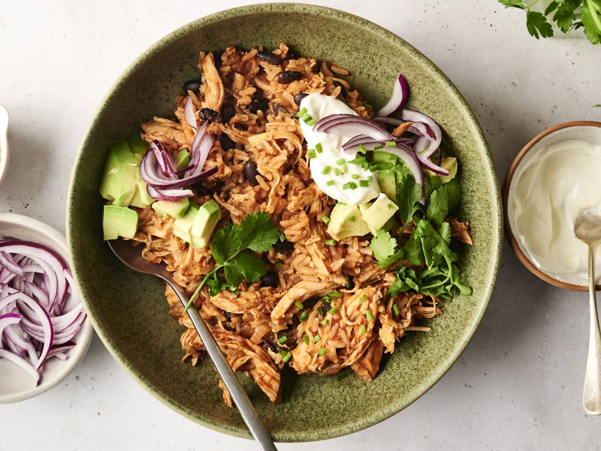 High-protein chicken burrito bowl with avocado